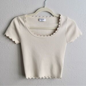 The Workshop Cream Ribbed Knit Scalloped Hem & Neckline Cropped Top